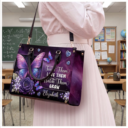 Personalized Teacher Leather Handbag Purple Galaxy Butterfly