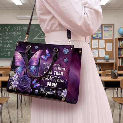 Personalized Teacher Leather Handbag Purple Galaxy Butterfly