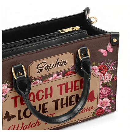 Personalized Teacher Leather Handbag Floral Teach Love Grow
