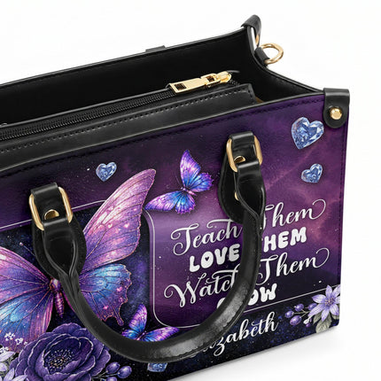 Personalized Teacher Leather Handbag Purple Galaxy Butterfly