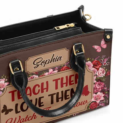 Personalized Teacher Leather Handbag Floral Teach Love Grow