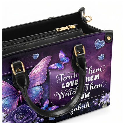Personalized Teacher Leather Handbag Purple Galaxy Butterfly