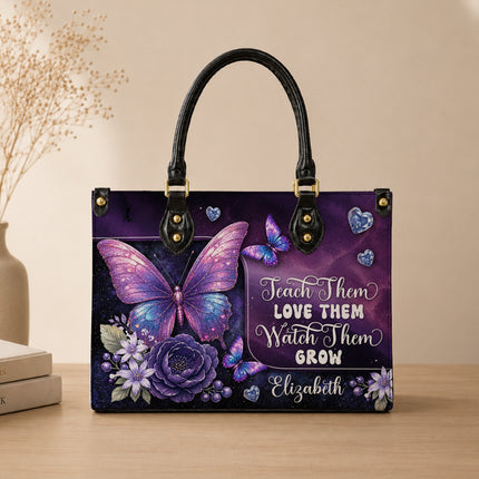 Personalized Teacher Leather Handbag Purple Galaxy Butterfly