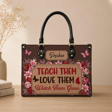 Personalized Teacher Leather Handbag Floral Teach Love Grow