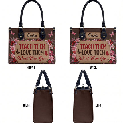 Personalized Teacher Leather Handbag Floral Teach Love Grow