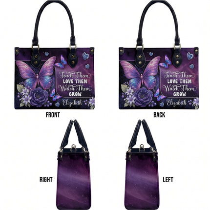 Personalized Teacher Leather Handbag Purple Galaxy Butterfly