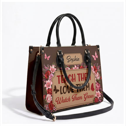 Personalized Teacher Leather Handbag Floral Teach Love Grow
