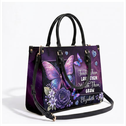 Personalized Teacher Leather Handbag Purple Galaxy Butterfly