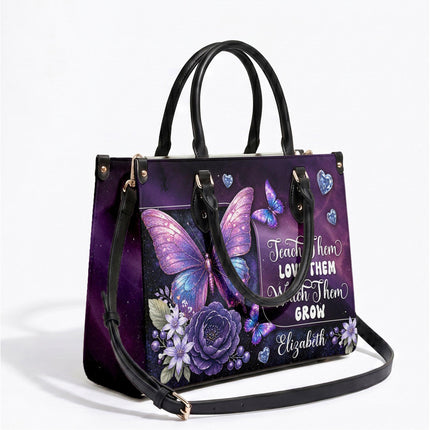 Personalized Teacher Leather Handbag Purple Galaxy Butterfly