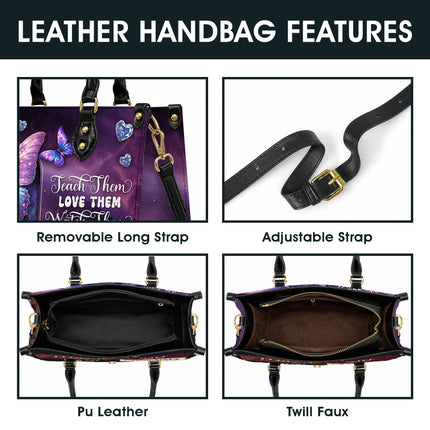 Personalized Teacher Leather Handbag Purple Galaxy Butterfly