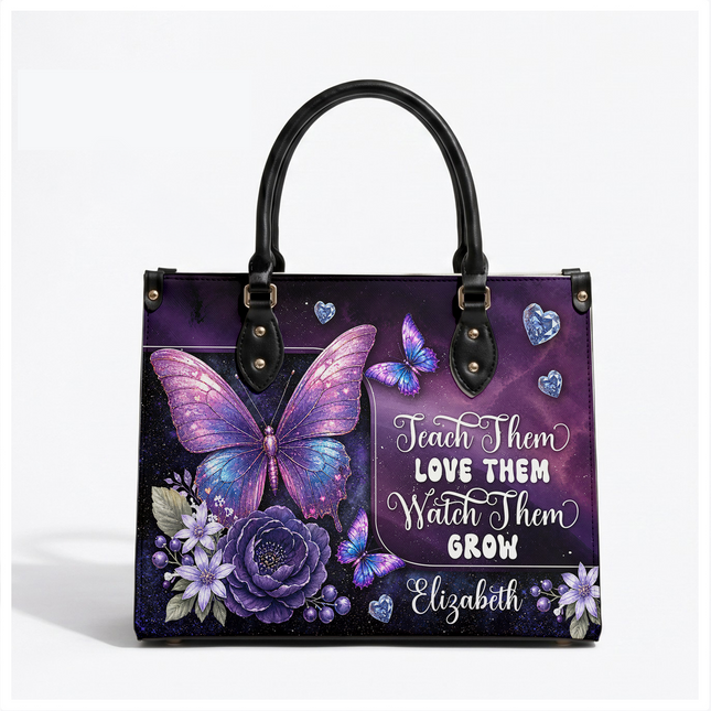 Personalized Teacher Leather Handbag Purple Galaxy Butterfly