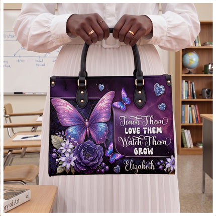 Personalized Teacher Leather Handbag Purple Galaxy Butterfly