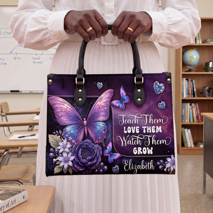 Personalized Teacher Leather Handbag Purple Galaxy Butterfly