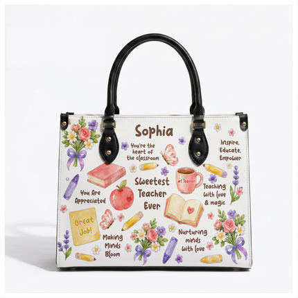 Personalized Teacher Leather Handbag Sweetest Teacher Floral