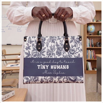 Personalized Teacher Leather Handbag Blue Floral Tiny Humans