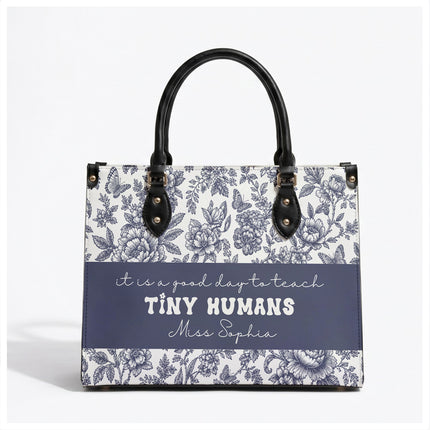 Personalized Teacher Leather Handbag Blue Floral Tiny Humans