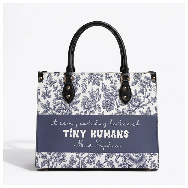 Personalized Teacher Leather Handbag Blue Floral Tiny Humans