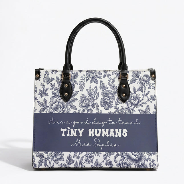 Personalized Teacher Leather Handbag Blue Floral Tiny Humans