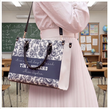 Personalized Teacher Leather Handbag Blue Floral Tiny Humans