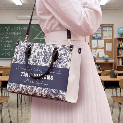 Personalized Teacher Leather Handbag Blue Floral Tiny Humans