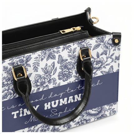 Personalized Teacher Leather Handbag Blue Floral Tiny Humans