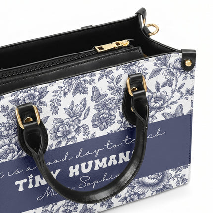 Personalized Teacher Leather Handbag Blue Floral Tiny Humans