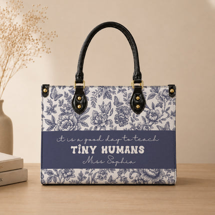 Personalized Teacher Leather Handbag Blue Floral Tiny Humans