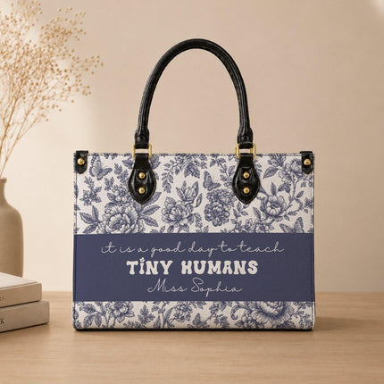 Personalized Teacher Leather Handbag Blue Floral Tiny Humans
