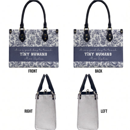 Personalized Teacher Leather Handbag Blue Floral Tiny Humans