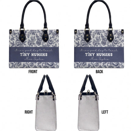 Personalized Teacher Leather Handbag Blue Floral Tiny Humans