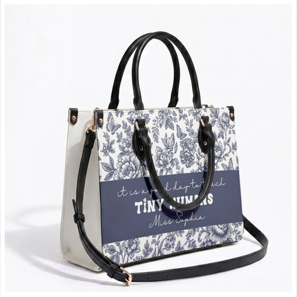 Personalized Teacher Leather Handbag Blue Floral Tiny Humans