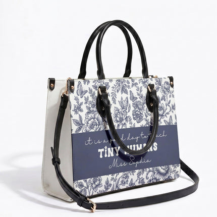Personalized Teacher Leather Handbag Blue Floral Tiny Humans