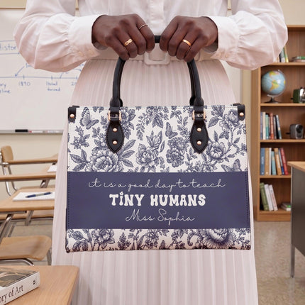 Personalized Teacher Leather Handbag Blue Floral Tiny Humans