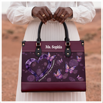 Personalized Teacher Leather Handbag Purple Gemstone Heart