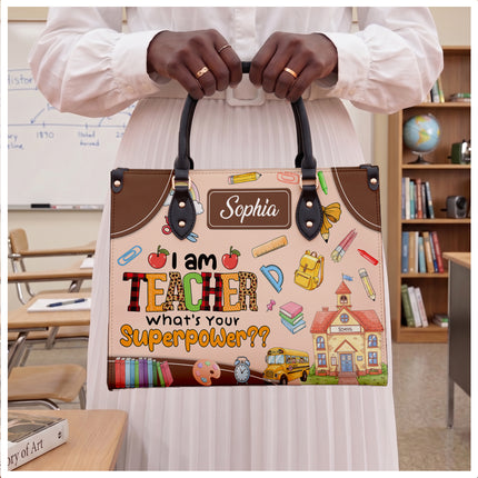 Personalized Teacher Leather Handbag Superpower Quote