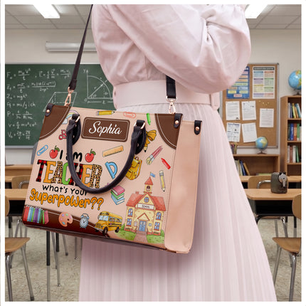 Personalized Teacher Leather Handbag Superpower Quote