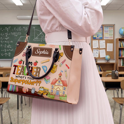 Personalized Teacher Leather Handbag Superpower Quote