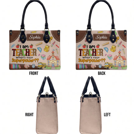 Personalized Teacher Leather Handbag Superpower Quote