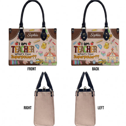Personalized Teacher Leather Handbag Superpower Quote