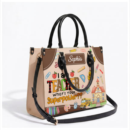 Personalized Teacher Leather Handbag Superpower Quote