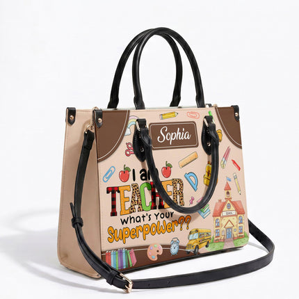 Personalized Teacher Leather Handbag Superpower Quote