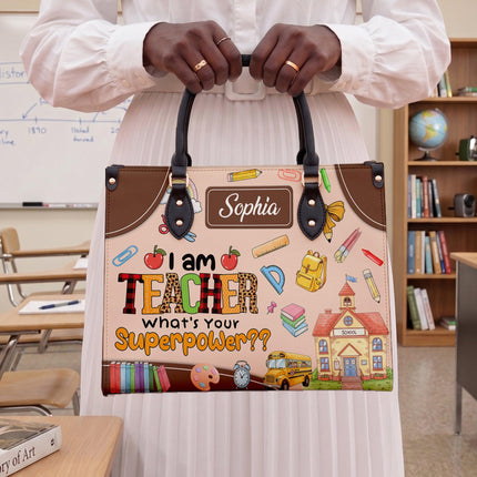 Personalized Teacher Leather Handbag Superpower Quote