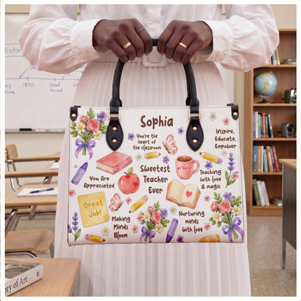 Personalized Teacher Leather Handbag Sweetest Teacher Floral