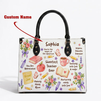 Personalized Teacher Leather Handbag Sweetest Teacher Floral