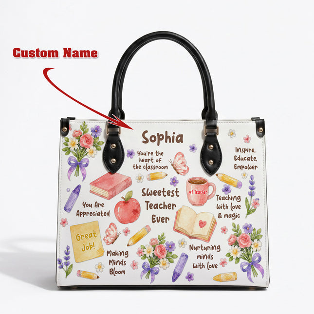 Personalized Teacher Leather Handbag Sweetest Teacher Floral