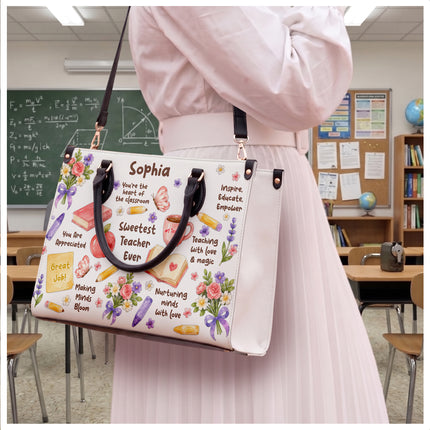 Personalized Teacher Leather Handbag Sweetest Teacher Floral