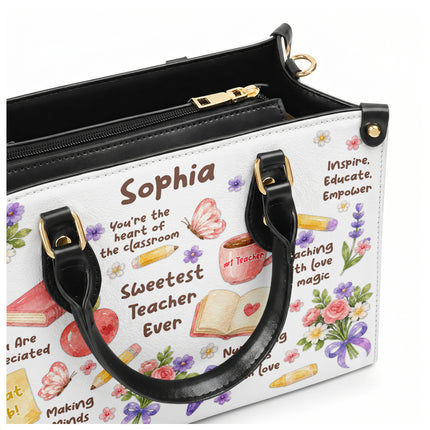 Personalized Teacher Leather Handbag Sweetest Teacher Floral