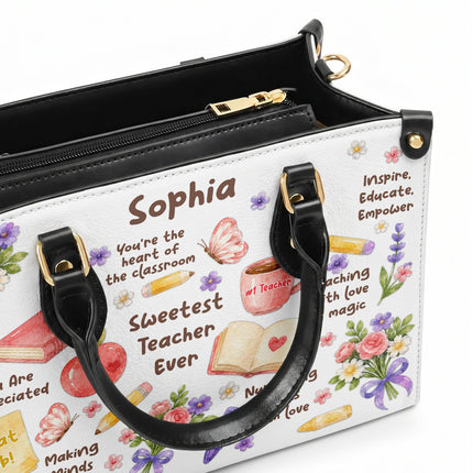Personalized Teacher Leather Handbag Sweetest Teacher Floral