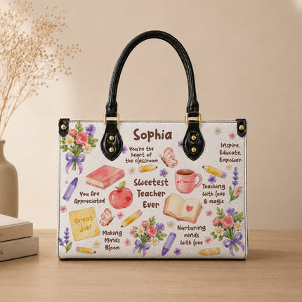Personalized Teacher Leather Handbag Sweetest Teacher Floral