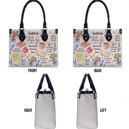 Personalized Teacher Leather Handbag Sweetest Teacher Floral